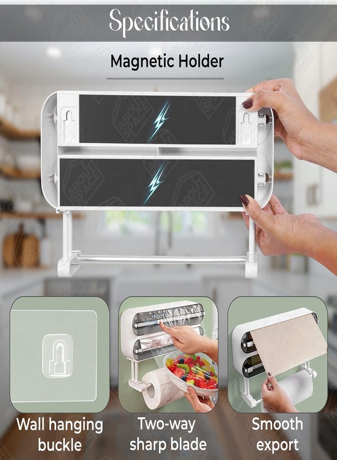 ABOUT SPACE موزع غلاف مغناطيسي مع قاطع من ABOUT SPACE - حامل غلاف مثبت على الحائط 4 في 1 مع قاطع وحامل تخزين لفافة مناديل المطبخ، موزع غلاف بلاستيكي/لاصق - شفاف (الطول 35.5 × العرض 8 × الارتفاع 21 سم) - Image 3